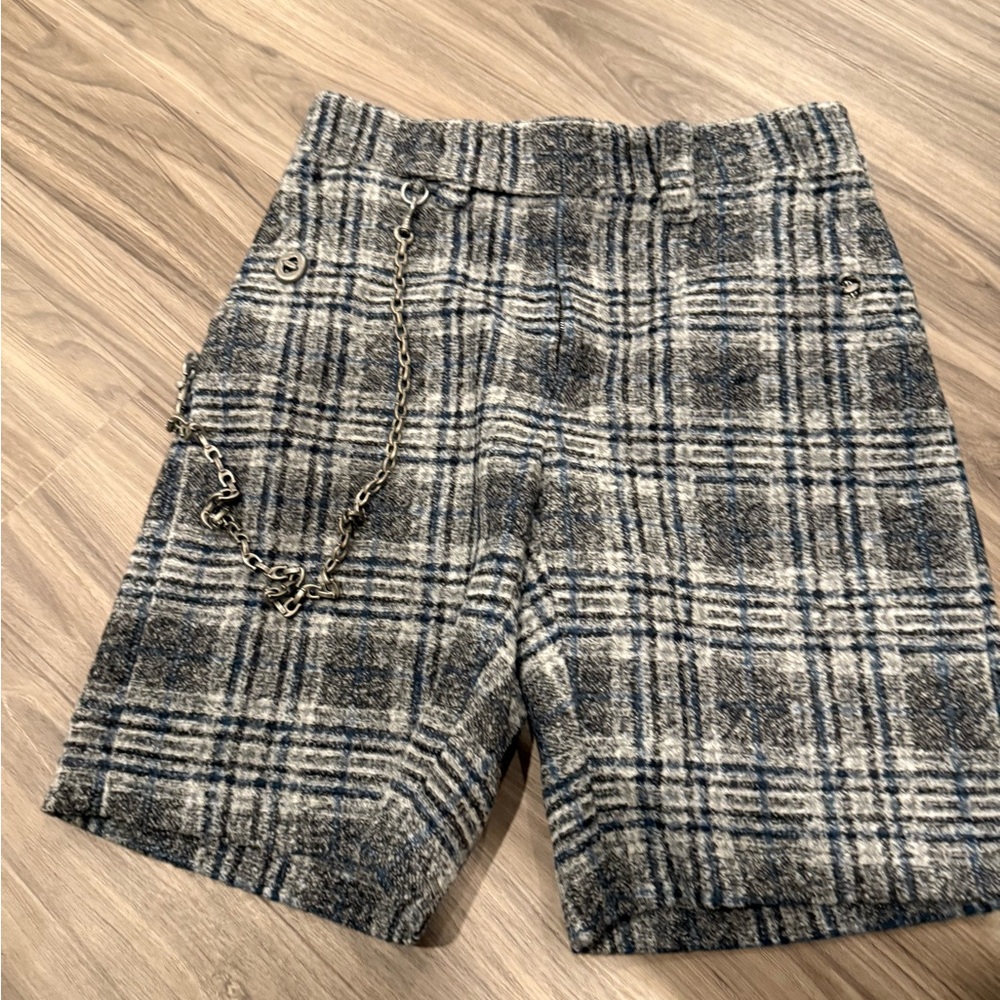 Authentic Coach Gray and Blue Plaid Wool Shorts with Detachable Chain